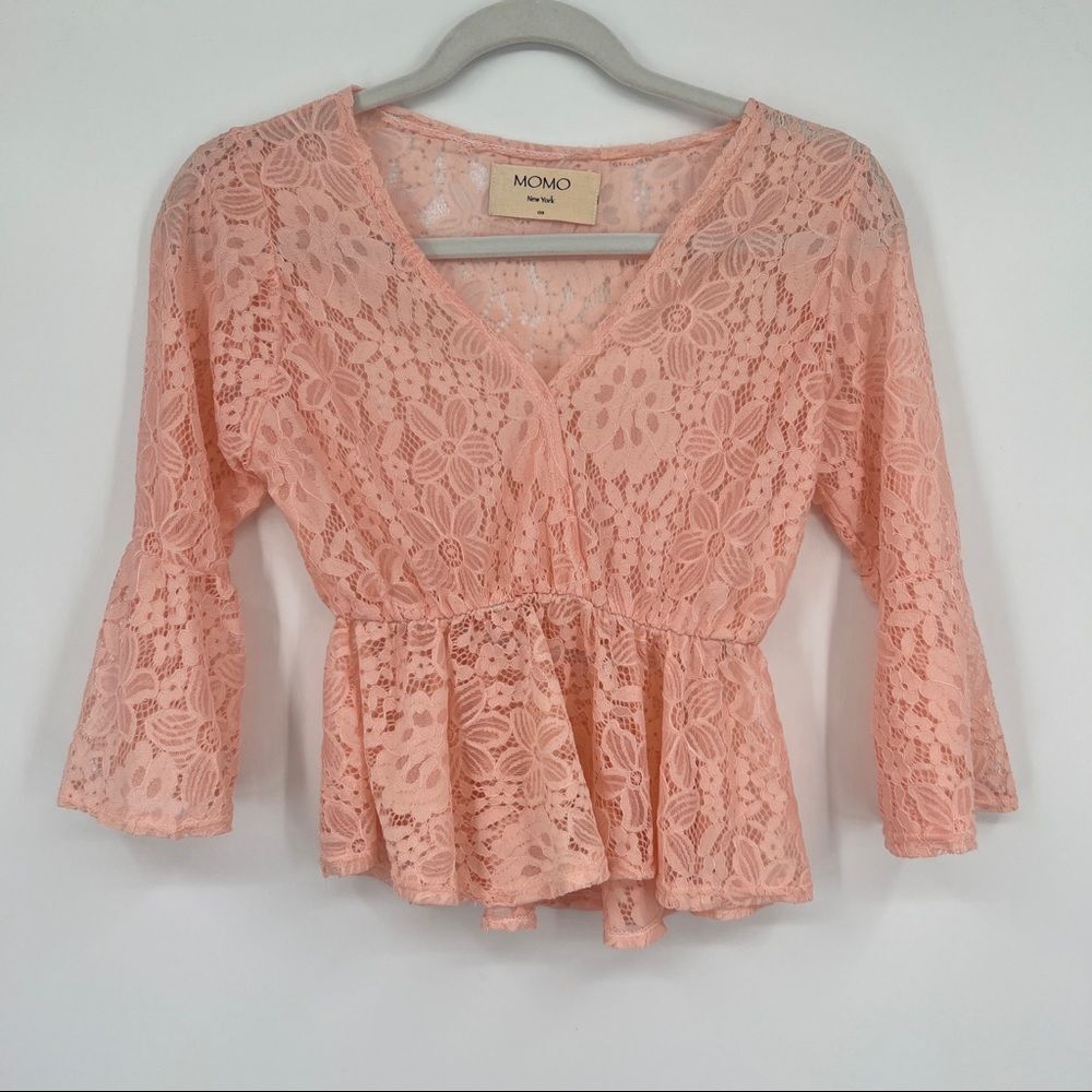 MOMO New York Pink Floral Lace Quarter Sleeves V-neckline Cropped Ruffle Blouse